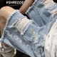 至濤破洞牛仔短褲男款夏季設計感小眾寬松大碼闊腿五分褲潮牌vibe褲子 GT28淺藍色 XL