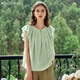 Olrain歐芮兒法式圓領(lǐng)襯衫女夏季新款設計感荷葉邊小飛袖上衣 淺青檸色 M