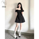 詩(shī)蒂淑法式一字肩黑色連衣裙女小個(gè)子收腰氣質(zhì)感短款a字小黑裙夏季 圖片色 L