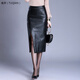 兔芊海寧真皮皮裙女中長(cháng)款秋冬季新款高腰顯瘦包臀裙綿羊皮側開(kāi)叉長(cháng)裙 黑色 29/XL[建議110-120斤]
