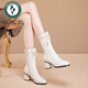 啄木鳥(niǎo)品牌真皮軟底馬丁靴女2025年秋冬新款百搭粗跟中筒靴高跟短靴子 米白色加絨 36 標準碼