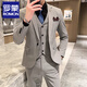 羅蒙（ROMON）西服套裝男士三件套新郎結(jié)婚禮服商務(wù)正裝大碼修身潮流格子小西裝 淺灰色【西服+西褲+馬甲】 XL