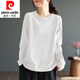 皮爾卡丹（pierre cardin）23年新款25純棉長(cháng)袖t恤女秋裝胖寬松圓領(lǐng)文藝休閑上衣女 白色【純色】 2XL 建議130-150斤
