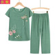示牧中老年夏季女裝短袖上衣媽媽裝休閑兩件套寬松大碼奶奶裝棉麻套裝 綠色花開(kāi)富貴 2XL 小號建議110-125斤+隨機襪子一雙