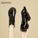 DAPHNE達芙妮馬丁靴女加絨保暖冬靴秋冬新款漆皮英倫風(fēng)粗跟高跟短靴皮靴 黑色 加絨 跟高8cm 36 (230mm) 標準碼