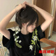 萱眸新款國潮高街藤蔓印花短袖t恤女ins潮流美式可愛百搭情侶上衣甜美 黑色 XL