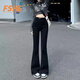 FSHE黑色加絨加厚微喇牛仔褲女高腰彈力修身顯瘦馬蹄褲拖地褲 黑色[不加絨]長褲 155-168 L [建議106-115斤]