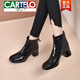 卡帝樂鱷魚（CARTELO）圓頭粗跟真皮小短靴女2025年秋冬款中高跟加絨裸靴漆皮百搭時裝靴 黑色(單里) 35
