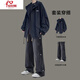 安初夏美式工裝夾克外套男士休閑套裝春秋季連帽衣服男裝寬松潮流穿搭配 【套裝】黑色外套+直筒黑色牛仔 XL