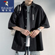 啄木鳥(niǎo)襯衫男士短袖夏季寬松大碼冰絲黑色外套青年潮流休閑襯衣 21017/C351黑色（短袖） 2XL