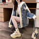 AEMAPE毛衣外套女2025新款春秋季寬松慵懶風(fēng)牛仔布拼接韓版連帽針織開衫 米白色  M 建議101-115斤