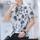 以堡狼夏季薄款外套短袖襯衣休閑男花襯衫帥氣青年短袖清涼上衣韓版修身 827黑色 2XL【推薦125-140斤】