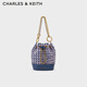 CHARLES&KEITH粗花呢鏈條水桶包包女包女士生日禮物新年禮物CK2-10781873-1 Navy深藍色 M
