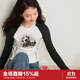 樂(lè )町美式復古風(fēng)秋季新款撞色插肩袖斑點(diǎn)狗印花修身長(cháng)袖T恤女 黑+白（現貨） S
