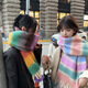 唯卓麗多巴胺彩色條紋馬海毛圍巾女秋冬季加厚保暖兔毛毛球圍脖 藍粉色 220cm