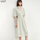 LILY夏新款女裝含亞麻復古泡泡袖浪漫花卉氣質(zhì)溫柔高腰連衣裙 303淺綠 M
