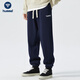 Hummel春秋款刺繡褲子男女情侶裝休閑褲寬松運動(dòng)春季束腳褲 深藍色 XL 