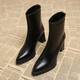 百麗踏歐美小個(gè)子靴子女秋冬季真皮短筒瘦瘦靴尖頭粗跟短靴高跟彈力靴子 黑色 37