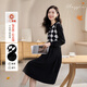 歐莎（OSA）小香風(fēng)假兩件菱格紋連衣裙女2025秋季新款泡泡袖顯瘦針織裙子 黑色 M