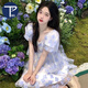 PMOG法式茶歇氣質(zhì)小清新甜美泡泡袖連衣裙女2024夏季新款碎花連衣裙 藍色 M