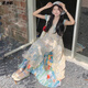 清池影（QINGCHIYING）復古套裝女彩色油畫(huà)連衣裙度假風(fēng)夏季鉤花蕾絲罩衫背心裙兩件套 蕾絲裙+印花裙  M 【建議100斤-110斤內】