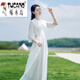 啄木鳥中國風(fēng)旗袍夏季女改良漢服仙氣飄逸禪意茶服開衩雪紡連衣裙 白色 XL 【建議110-120斤】