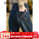 百圖betu女裝冬季新款牛仔褲加絨牛仔直筒褲顯瘦褲子女2411X03 牛仔色 M