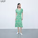 LILY【專(zhuān)柜甄選】秋新款女裝含真絲復古印花泡泡袖垂感連衣裙 309翠綠 S