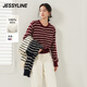Jessy line杰茜萊條紋純羊毛針織開(kāi)衫女秋冬新款小個(gè)子短上衣 商場(chǎng)同款 紅色 均碼