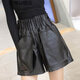 優(yōu)吻（YOUWen）2025秋冬新款真皮闊腿短褲木耳松緊高腰綿羊皮寬松靴褲時(shí)尚皮褲女 黑色 L 116-125斤