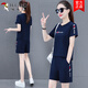 啄木鳥純棉運(yùn)動服套裝女夏季薄款2025年新款媽媽時尚洋氣休閑短袖兩件套 藍(lán)色(短褲套裝) XL(建議110-125斤)