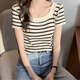 FOX.G條紋t恤女士短袖正肩半袖女裝新款2025年夏季通勤風女式寬松上衣 杏黑條紋短袖均碼【75斤-120斤】