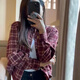 月袖（YUEXIU）磨毛復(fù)古格子襯衫女短款外套春秋2024新款長(zhǎng)袖上衣感襯衣 磚紅色 M建議110120斤