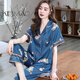 KESIMIAO輕奢品牌冰絲短袖睡衣套裝女2026夏季新款長(cháng)褲薄款仿真絲綢家居服 2004藍色 L (106斤-125斤)