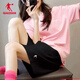 喬丹運動(dòng)套裝女2025夏季新款透氣跑步健身服寬松休閑短袖五分褲兩件套 花蜜粉（棉滌）+黑色（速干） M/170