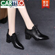 卡帝樂(lè )鱷魚(yú)（CARTELO）2025新款春秋季真皮系帶皮鞋女中跟深口單鞋軟皮高跟鞋子 黑色 38