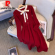 皮爾卡丹（pierre cardin）大l碼女裝秋冬新款胖紅色本命年龍年時(shí)尚蝴蝶結(jié)排扣針織連衣裙潮 紅色【胖mm遮肚顯瘦連衣裙/微胖 L 建議100-120斤