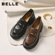 百麗（Belle）復古抓皺鎏金樂(lè )福鞋女2025秋新款商場(chǎng)款牛皮粗跟jk樂(lè )福鞋E1Y1DCA5 黑色 37
