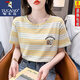 啄木鳥(niǎo)短袖T恤女條紋T恤女短袖23年夏季新款刺繡寬松半袖休閑純棉圓領(lǐng)上 1589黃色 L(建議110-125斤)