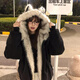 鹿王戀雪貓耳朵加絨連帽羽絨棉服女冬季2025年新款保暖加厚座山雕棉襖外套 黑色  L