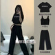 品莠爵士舞蹈服裝女春夏季春夏鹽系套裝女韓版街舞上衣辣妹設(shè)計(jì)感露臍 黑色露臍短袖+背心+闊腿褲 三件 M 建議85-105斤