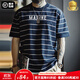 馬登工裝 美式復古撞色條紋短袖T恤字母印花半袖?；晟荔w恤男夏季 海軍藍 【尺碼偏大/建議拍小一碼】 XL