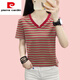 皮爾卡丹（pierre cardin）純,棉短袖t恤女寬松顯瘦上衣2025年夏季新款中年半袖條紋小衫 166紅色 L 建議【105-120斤