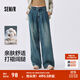 森馬（Semir）牛仔褲女純棉寬松闊腿褲顯瘦潮流秋季松弛感打褶長(cháng)褲腰帶復古 牛仔黃泥染80325 XL