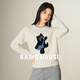 Basic House/百家好復古灰色小貓提花毛衣綿羊毛圓領(lǐng)正肩針織上衣 白色 L