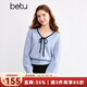 百圖betu女裝秋季新款曠野美拉德V領(lǐng)撞色蝴蝶結針織衫女2408T11 灰蘭 M