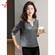 俞兆林中老年女裝長(cháng)袖T恤女休閑婆婆V領(lǐng)上衣撞色媽媽打底衫 Y143T2009