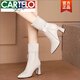 卡帝樂(lè )鱷魚(yú)（CARTELO）中筒靴女粗跟2025冬季新款米白色加絨真皮鞋瘦瘦靴馬丁高跟短靴 米白色加絨 36