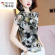 啄木鳥(niǎo)品牌反季真絲T恤女印花2024夏季新款桑蠶絲網(wǎng)眼短袖網(wǎng)紗打底上衣 水墨花朵 XL100-110斤