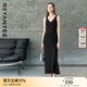 顏域時(shí)尚V領(lǐng)無(wú)袖吊帶連衣裙女2025春季新款顯瘦A字裙百搭黑色長(cháng)裙 黑色 XL